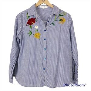 ANTHRO EDEN & OLIVIA Boho Embroidered Pinstripe Button-Up Blouse Medium